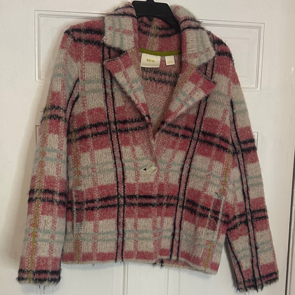 Maeve Pink & Light Gray Plaid  Blend Blazer